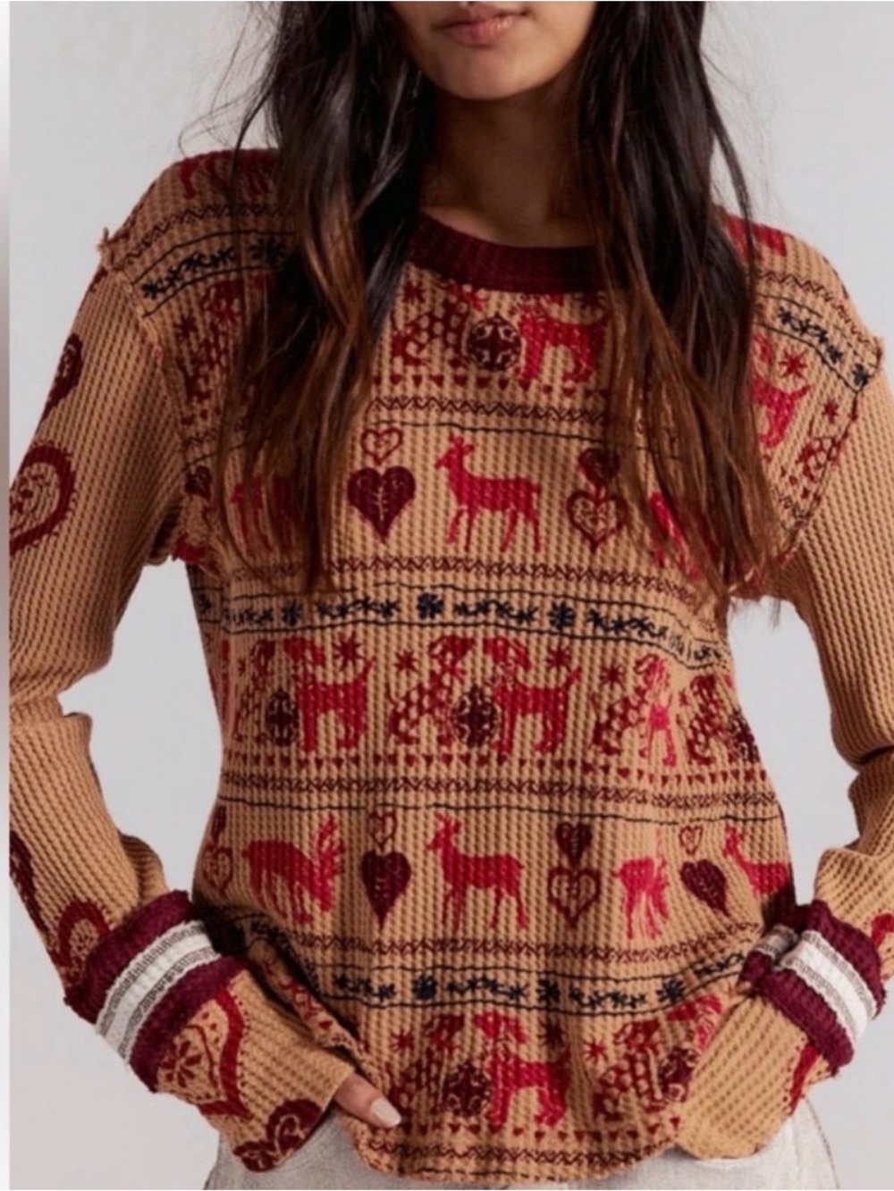NWOT Free People We The Free Fair Isle 🦌 Deer Waffle Top